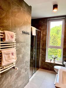 baño con ducha y aseo y ventana en Apartament 26 Resort Kozubnik blisko Szczyrk - 5D Apartamenty, en Porąbka