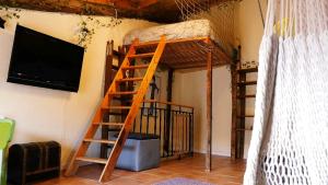 een kamer met een tv en een houten ladder bij Cal Xulipa, casa familiar al centre de Tremp in Tremp