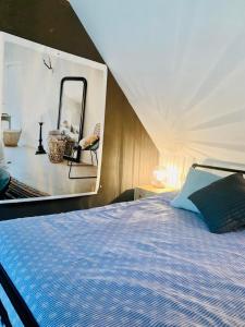 1 dormitorio con 1 cama con espejo grande en Villa SAINT CHRISTOPHE de FIRFOL en Firfol
