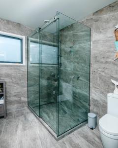 a glass shower in a bathroom with a toilet at Boathouse Apartments in Picton