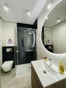 een badkamer met een douche, een wastafel en een toilet bij Apartament z widokiem na wydmę in Ustka