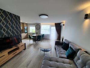 a living room with a couch and a tv at 2-bedrooms apartment in city center Šiauliai in Šiauliai