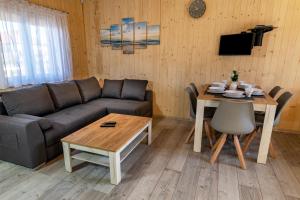 uma sala de estar com um sofá e uma mesa em Przystanek Mewa em Rozewie