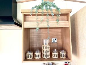 una estantería de madera con un jarrón y una planta en The Windermere, en Whitstable