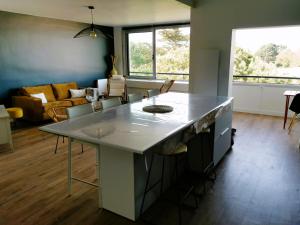 a kitchen with a large island in a living room at Les Pins de l'Ocean - A 1km de la mer in Les Sables-dʼOlonne