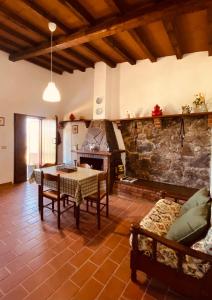 uma sala de estar com uma mesa e uma lareira de pedra em Agriturismo “Sterrati” em Valpiana