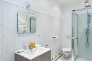 La salle de bains est pourvue d'un lavabo, de toilettes et d'un miroir. dans l'établissement Hypolite 1  New - Appartement Cocooning - 80 mètres du Port d' Honfleur, à Honfleur