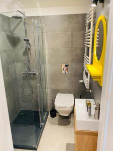 uma casa de banho com um chuveiro, um WC e um lavatório. em Apartament Nowy Verdon Ruda Śląska em Ruda Śląska