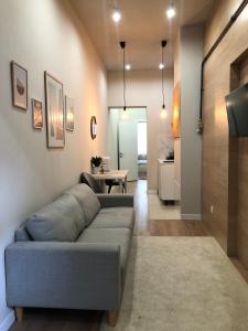 リヴィウにあるКвартира в центрі на вулиці Староєврейській 15а біля наливок Львоваのソファとテーブルのあるリビングルーム