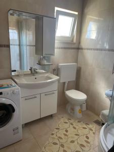 a bathroom with a toilet sink and a washing machine at Sea view apartment near the beach S2-Jelsa center in Jelsa
