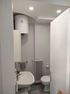a bathroom with a white sink and a toilet at Appartamento Mirabell, FRONTE SPIAGGIA, VISTA MARE CON PARCHEGGIO in Grado