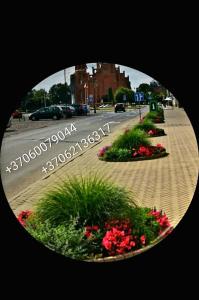 a round picture of a sidewalk with flowers and a street at Butas Vytauto 7-4 in Rokiškis