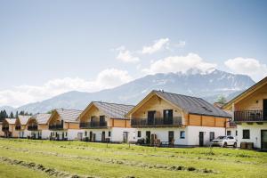 a row of houses with mountains in the background at Clofers Relax Residences Rattendorf in Rattendorf