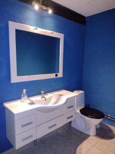 uma casa de banho azul com um lavatório e um WC em Store Lærkegård em Allinge