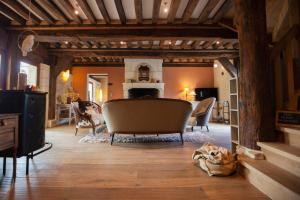 Maisons d'hôtes - Domaine Le Coq Enchanté في Cambremer: غرفة معيشة مع أريكة ومدفأة