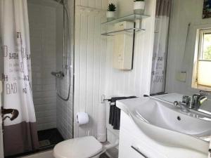 a bathroom with a sink and a shower and a toilet at Ferienhaus Treeneglück in Silberstedt