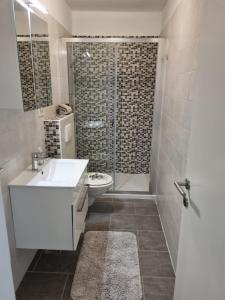 a bathroom with a toilet and a sink and a shower at Ivaana in Rab +12 photos