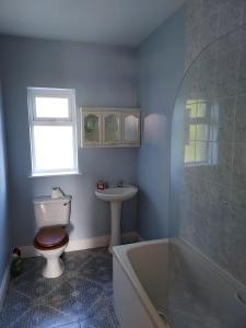 y baño con aseo, lavabo y bañera. en Two bed bungalow with sunroom and stunning views, en Killybegs