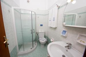 a bathroom with a shower and a toilet and a sink at Golden Sun in Agios Ioannis Pelio