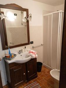 a bathroom with a sink and a mirror and a toilet at Il Poggio degli Ulivi in Collicello