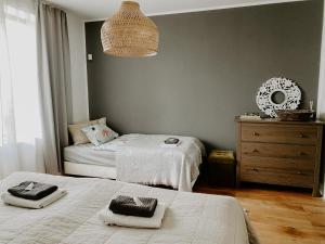 1 dormitorio con 2 camas, lámpara y cómoda en Simply rooms en Slavkov u Brna