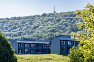 a blue building with a mountain in the background at Sportcampus Saar in Saarbrücken
