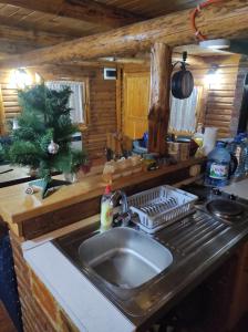 une cuisine avec un évier et un arbre de Noël dans l'établissement Katarina Doboj,Bušletić, à Busletić