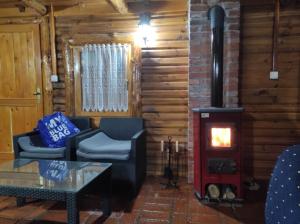 a living room with a wood stove in a cabin at Katarina Doboj,Bušletić in Busletić