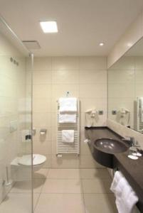 ein Badezimmer mit einem Waschbecken, einem WC und einem Spiegel in der Unterkunft Qualitel Hilpoltstein in Hilpoltstein