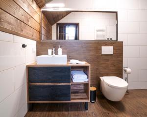 La salle de bains est pourvue d'un lavabo et de toilettes. dans l'établissement Novosiele Residence, à Bystre