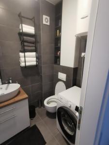 a bathroom with a toilet and a washing machine at Apartman Madagaskar in Banja Luka