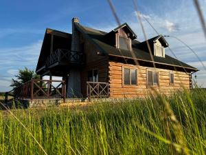 a wooden house sitting in a field of tall grass at Skrajna Chata Chrzypsko in Chrzypsko Wielkie