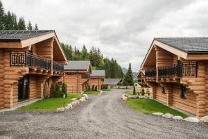 a road in front of two log homes at Clofers Leisure Lodges Jenig in Jenig