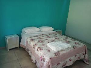 Casa de Campo La Amada في فيديراسيون: غرفة نوم صغيرة مع سرير وبطانية ومخدات