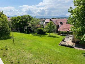 - une vue aérienne sur une cour avec des arbres et des maisons dans l'établissement Hiša Kapitelj, à Novo Mesto
