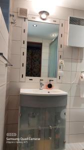 a bathroom with a sink and a mirror at Domek letniskowy Mały Mermet in Długie