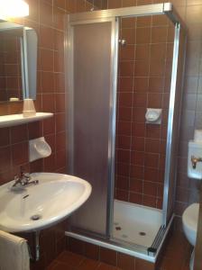 La salle de bains est pourvue d'un lavabo et d'une douche. dans l'établissement Garni Pineta, à San Martino in Badia