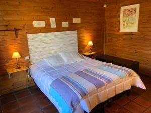 1 dormitorio con 1 cama en una habitación de madera en La Casa de Ale en San Martín de los Andes