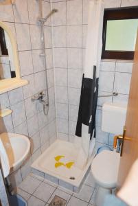 a bathroom with a shower and a toilet and a sink at ĆOSIĆ APARTMANI IGRANE in Igrane