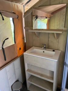 ein Badezimmer mit einem weißen Waschbecken in einem Anhänger in der Unterkunft 'Glamping' Angelzelt am See mit Steg und Boot (Mecklenburger Seenplatte) in Blankensee