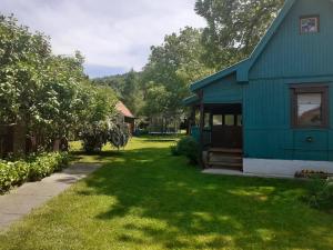 a green house with a green yard with trees at Bíró-udvar vendégház in Mályinka +32 photos
