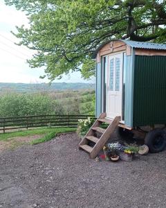 a green out house with a ladder and some flowers at Rhodes To Serenity - Waterfall Shepherds Hut in Cauldon