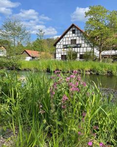 a building next to a river with flowers at Hotel Der Distelhof in Dillstädt
