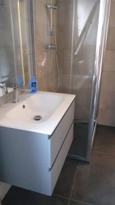 y baño con lavabo blanco y ducha. en Appartamento Marilyn Monroe 2, en San Benedetto del Tronto