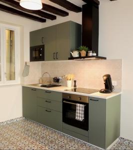 a kitchen with green cabinets and a sink at Studio tout confort à 2 pas du Château st Germain in Saint-Germain-en-Laye