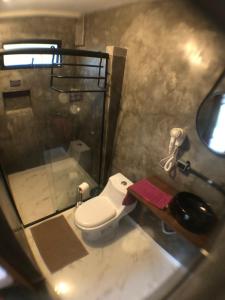 a small bathroom with a toilet and a shower at Hostel Picus in Itamonte