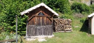 mały drewniany budynek z stosem drewna opałowego w obiekcie Au garni w mieście Thiéfosse