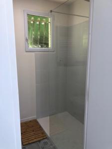 a glass shower in a bathroom with a window at Nîmes calme in Nîmes +3 photos