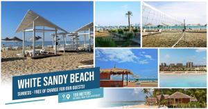 un collage de fotos de la playa y el océano en Terra Apartments in Caesar Blue Resort, Lunch till 4pm, Gym, Heated pool, Sauna, Kids club en Rizokarpaso