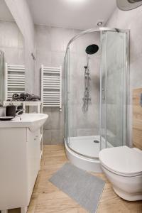 a bathroom with a shower and a toilet and a sink at Central Platinum Apartments 25 in Rybnik